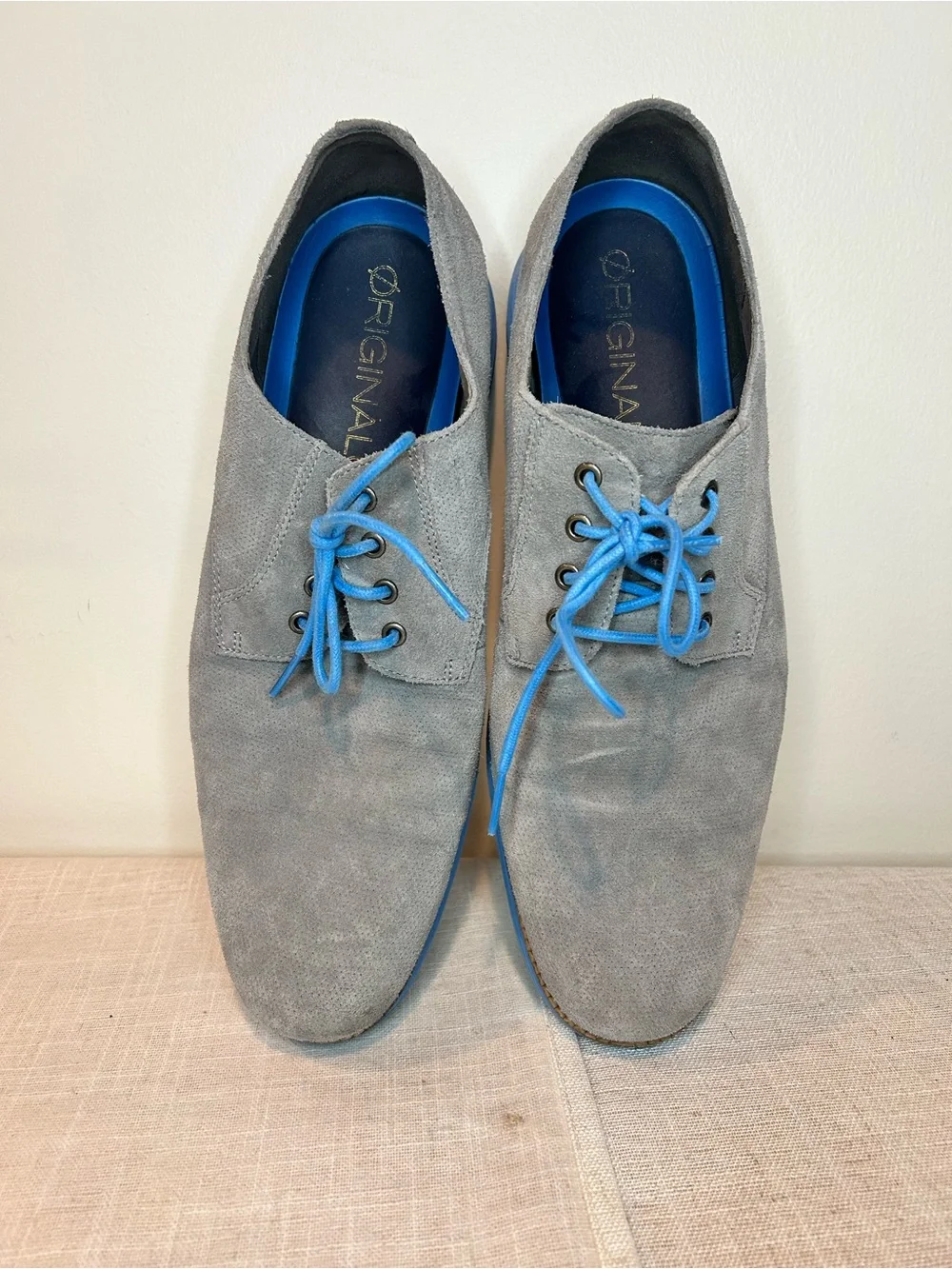 Cole Haan Grand OS Men's Gray Suede Derby Shoes with Blue Accents